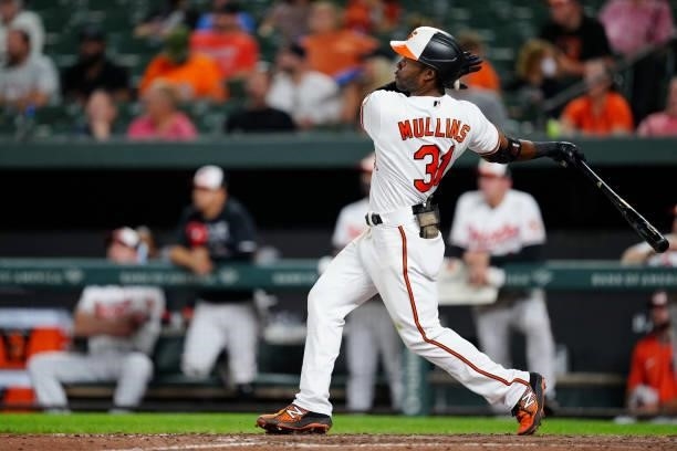 Cedric Mullins of the Baltimore Orioles hits a solo home run in the bottom of the seventh inning during the game between the Kansas City Royals and...