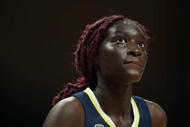 Awak Kuier of the Dallas Wings looks on during the game against the Connecticut Sun on September 7, 2021 at College Park Center in Arlington, TX....