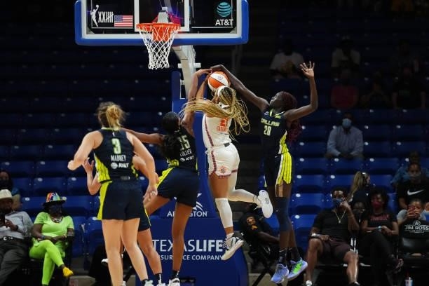 Awak Kuier of the Dallas Wings blocks a shot by DiJonai Carrington of the Connecticut Sun during the game on September 7, 2021 at College Park Center...