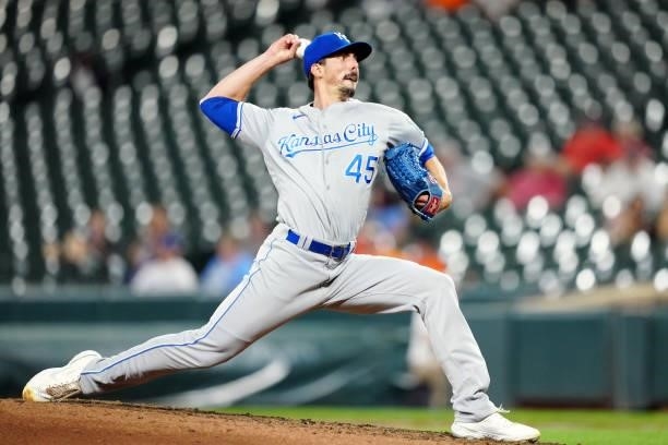 Kyle Zimmer of the Kansas City Royals pitches during the game between the Kansas City Royals and the Baltimore Orioles at Oriole Park at Camden Yards...