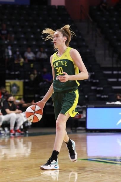 Breanna Stewart of the Seattle Storm handles the ball against the Washington Mystics on September 7, 2021 at the Angel of the Winds Arena, in...