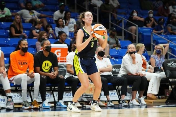 Marina Mabrey of the Dallas Wings looks to shoot the ball during the game against the Connecticut Sun on September 7, 2021 at College Park Center in...