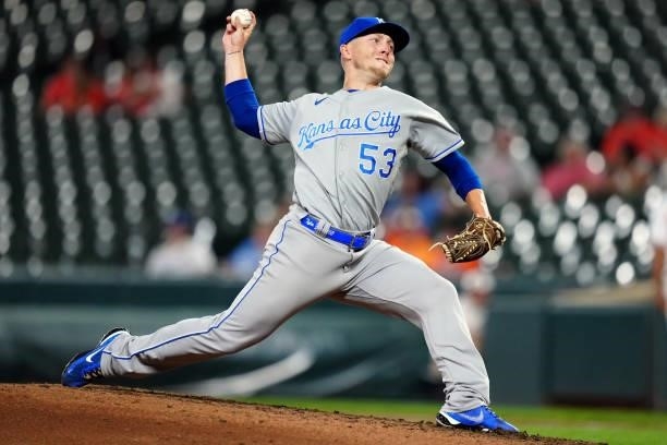 Tyler Zuber of the Kansas City Royals pitches during the game between the Kansas City Royals and the Baltimore Orioles at Oriole Park at Camden Yards...