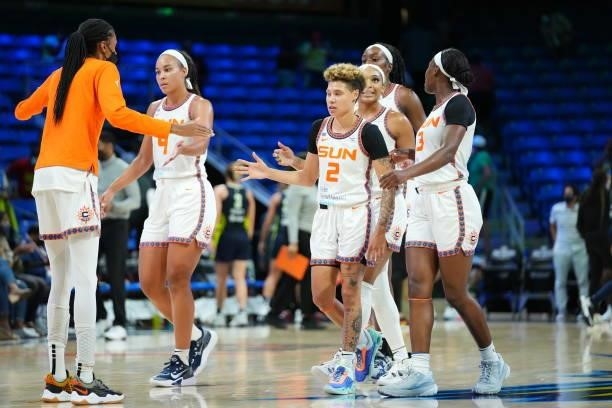 Natisha Hiedeman of the Connecticut Sun and teammates celebrate after the game against the Dallas Wings on September 7, 2021 at College Park Center...