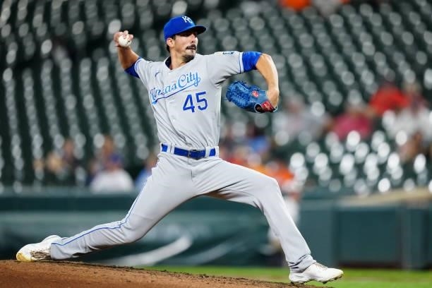 Kyle Zimmer of the Kansas City Royals pitches during the game between the Kansas City Royals and the Baltimore Orioles at Oriole Park at Camden Yards...
