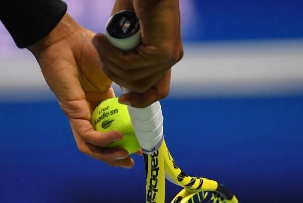 Canada's Felix Auger-Aliassime gets ready to serve to Spain's Carlos Alcaraz during their 2021 US Open Tennis tournament men's quarter-finals match...