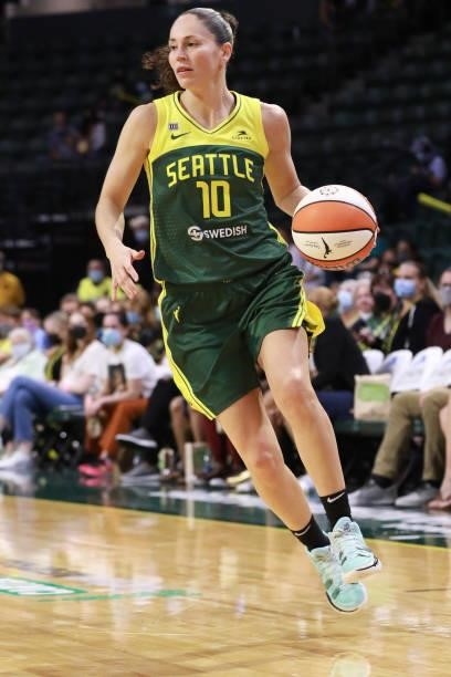 Sue Bird of the Seattle Storm handles the ball against the Washington Mystics on September 7, 2021 at the Angel of the Winds Arena, in Everett,...
