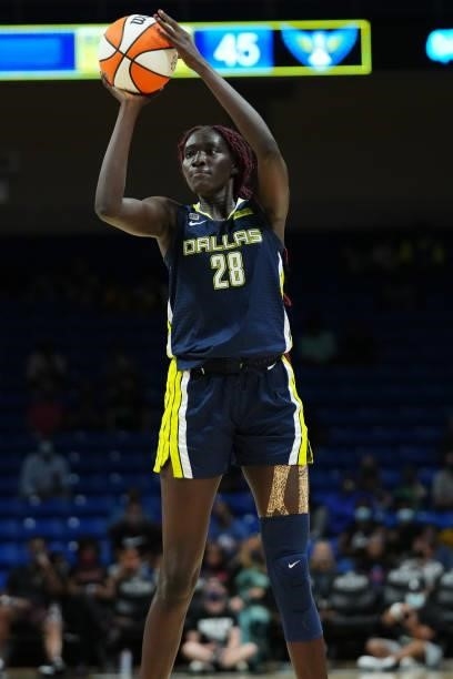 Awak Kuier of the Dallas Wings shoots the ball during the game against the Connecticut Sun on September 7, 2021 at College Park Center in Arlington,...