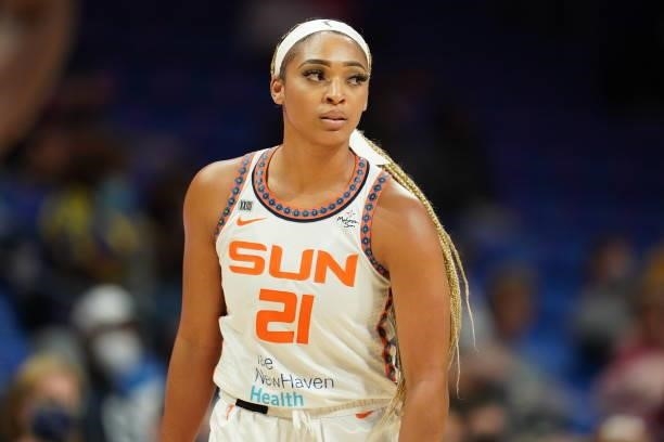 DiJonai Carrington of the Connecticut Sun looks on during the game against the Dallas Wings on September 7, 2021 at College Park Center in Arlington,...