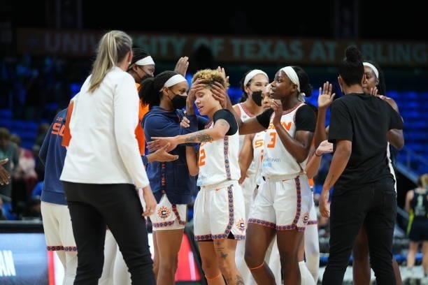Natisha Hiedeman of the Connecticut Sun and teammates celebrate after the game against the Dallas Wings on September 7, 2021 at College Park Center...