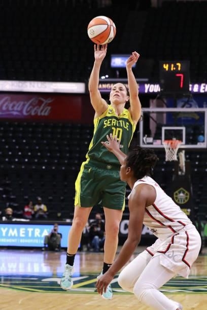 Sue Bird of the Seattle Storm shoots the ball against the Washington Mystics on September 7, 2021 at the Angel of the Winds Arena, in Everett,...