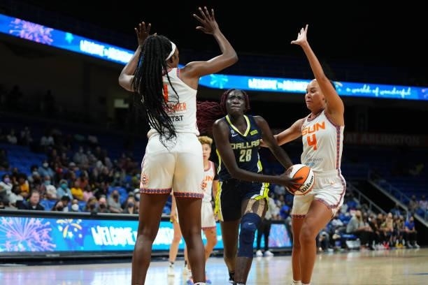 Awak Kuier of the Dallas Wings drives to the basket during the game against the Connecticut Sun on September 7, 2021 at College Park Center in...
