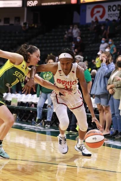 Shatori Walker-Kimbrough of the Washington Mystics drives to the basket against the Seattle Storm on September 7, 2021 at the Angel of the Winds...