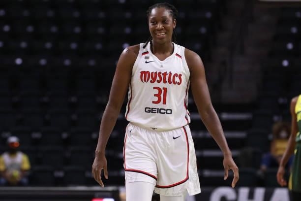 Tina Charles of the Washington Mystics smiles during the game against the Seattle Storm on September 7, 2021 at the Angel of the Winds Arena, in...