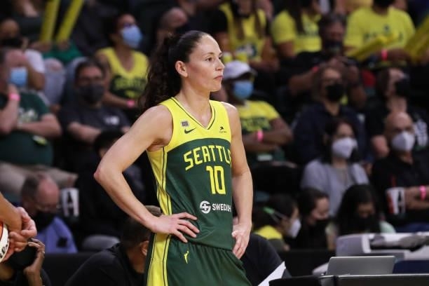 Sue Bird of the Seattle Storm looks on during the game against the Washington Mystics on September 7, 2021 at the Angel of the Winds Arena, in...
