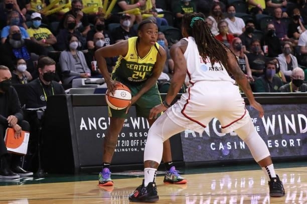 Jewell Loyd of the Seattle Storm looks to pass the ball against the Washington Mystics on September 7, 2021 at the Angel of the Winds Arena, in...