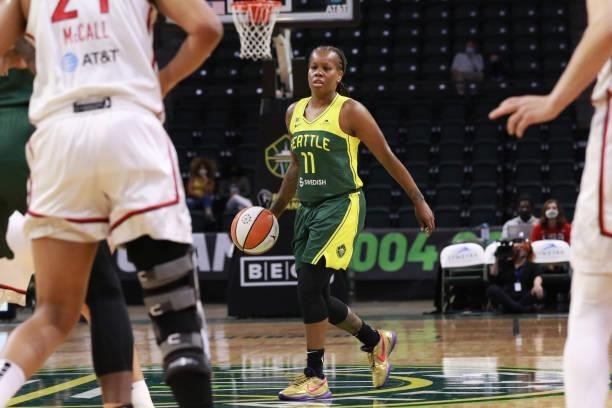 Epiphanny Prince of the Seattle Storm handles the ball against the Washington Mystics on September 7, 2021 at the Angel of the Winds Arena, in...