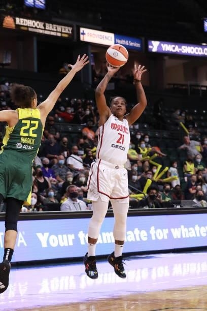 Shavonte Zellous of the Washington Mystics shoots a 3-pointer against the Seattle Storm on September 7, 2021 at the Angel of the Winds Arena, in...