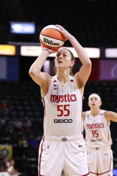 Theresa Plaisance of the Washington Mystics shoots the ball against the Seattle Storm on September 7, 2021 at the Angel of the Winds Arena, in...