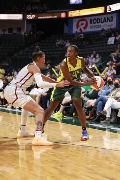Jewell Loyd of the Seattle Storm looks to pass the ball against the Washington Mystics on September 7, 2021 at the Angel of the Winds Arena, in...