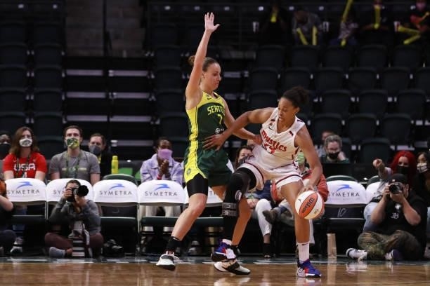 Erica McCall of the Washington Mystics handles the ball against the Seattle Storm on September 7, 2021 at the Angel of the Winds Arena, in Everett,...