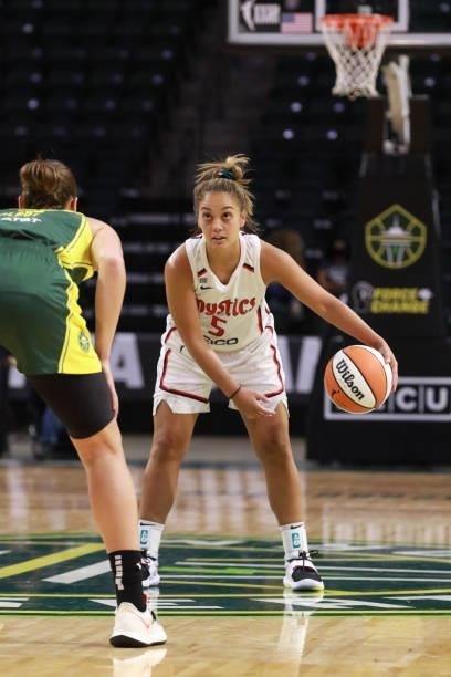 Leilani Mitchell of the Washington Mystics handles the ball against the Seattle Storm on September 7, 2021 at the Angel of the Winds Arena, in...