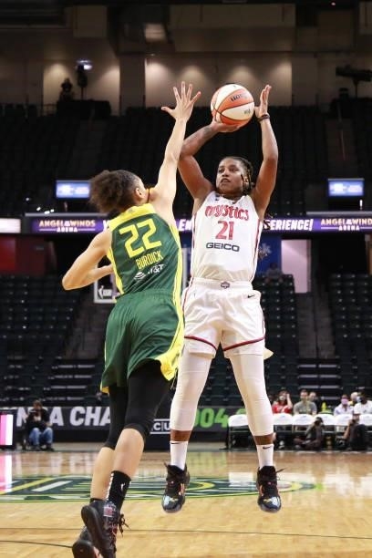 Shavonte Zellous of the Washington Mystics shoots the ball against the Seattle Storm on September 7, 2021 at the Angel of the Winds Arena, in...