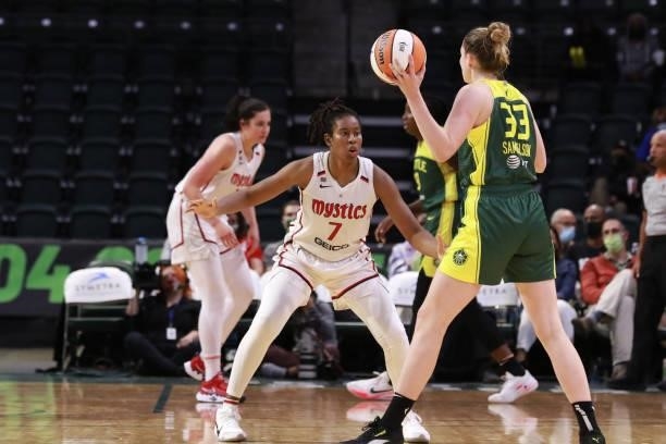 Ariel Atkins of the Washington Mystics plays defense against the Seattle Storm on September 7, 2021 at the Angel of the Winds Arena, in Everett,...
