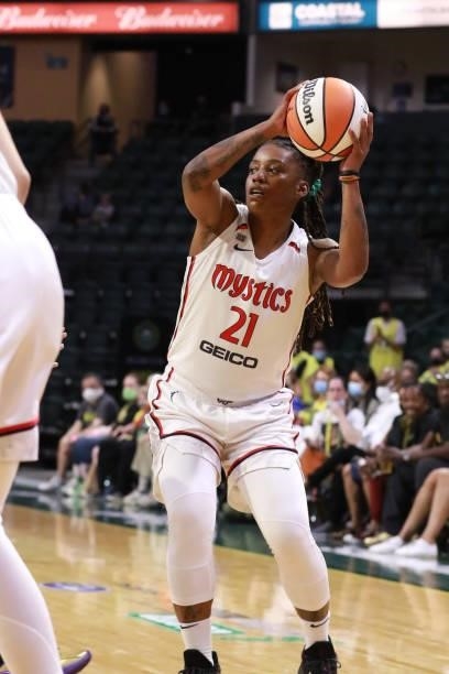 Shavonte Zellous of the Washington Mystics looks to pass the ball against the Seattle Storm on September 7, 2021 at the Angel of the Winds Arena, in...