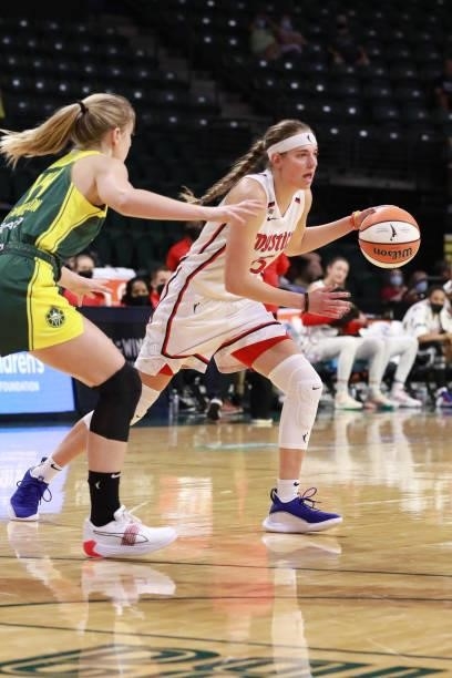 Sydney Wiese of the Washington Mystics handles the ball against the Seattle Storm on September 7, 2021 at the Angel of the Winds Arena, in Everett,...