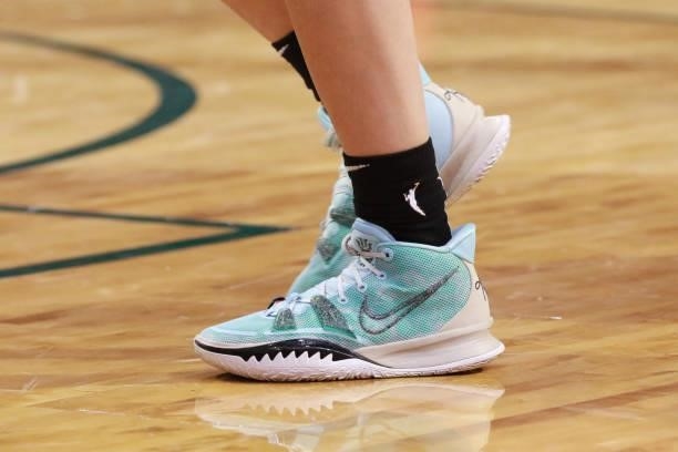 The sneakers worn by Sue Bird of the Seattle Storm during the game against the Washington Mystics on September 7, 2021 at the Angel of the Winds...