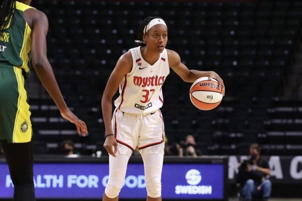 Shatori Walker-Kimbrough of the Washington Mystics handles the ball against the Seattle Storm on September 7, 2021 at the Angel of the Winds Arena,...