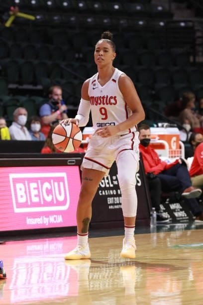 Natasha Cloud of the Washington Mystics handles the ball against the Seattle Storm on September 7, 2021 at the Angel of the Winds Arena, in Everett,...