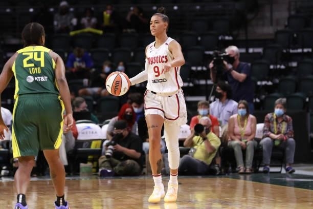 Natasha Cloud of the Washington Mystics handles the ball against the Seattle Storm on September 7, 2021 at the Angel of the Winds Arena, in Everett,...