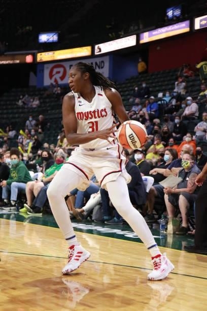 Tina Charles of the Washington Mystics handles the ball against the Seattle Storm on September 7, 2021 at the Angel of the Winds Arena, in Everett,...