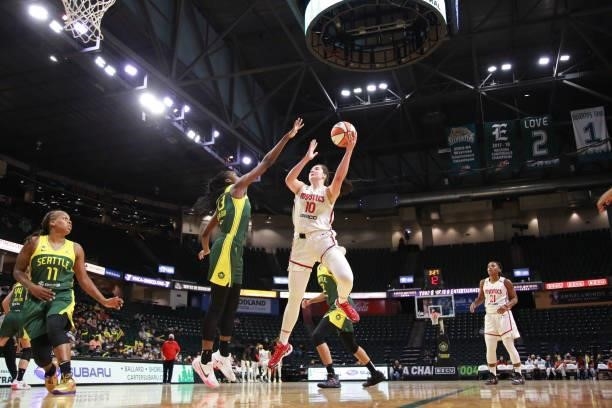 Megan Gustafson of the Washington Mystics shoots the ball against the Seattle Storm on September 7, 2021 at the Angel of the Winds Arena, in Everett,...