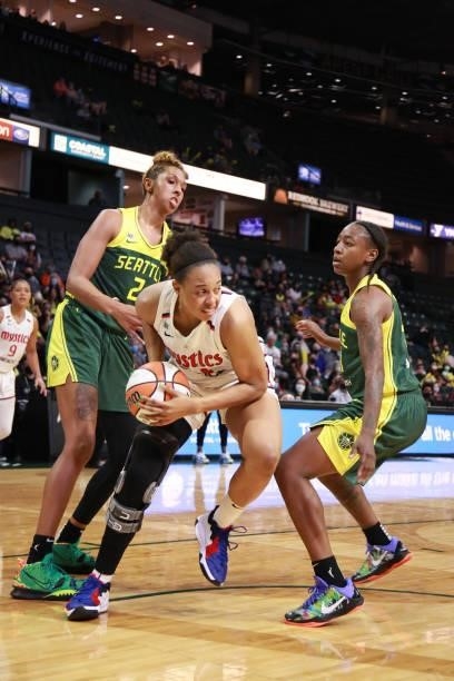 Erica McCall of the Washington Mystics drives to the basket against the Seattle Storm on September 7, 2021 at the Angel of the Winds Arena, in...