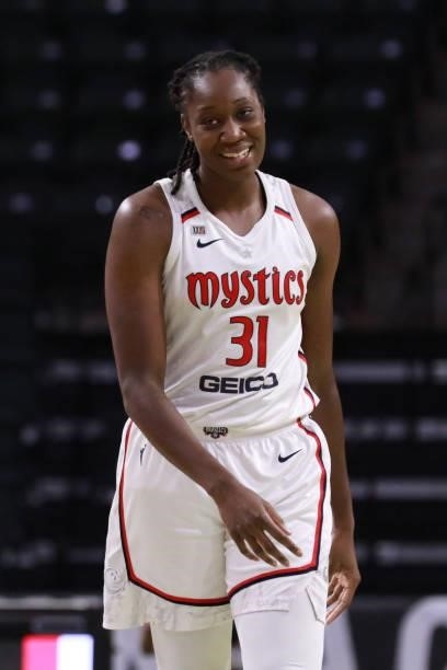 Tina Charles of the Washington Mystics smiles during the game against the Seattle Storm on September 7, 2021 at the Angel of the Winds Arena, in...