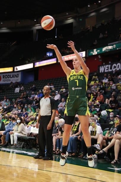Stephanie Talbot of the Seattle Storm shoots a 3-pointer against the Washington Mystics on September 7, 2021 at the Angel of the Winds Arena, in...