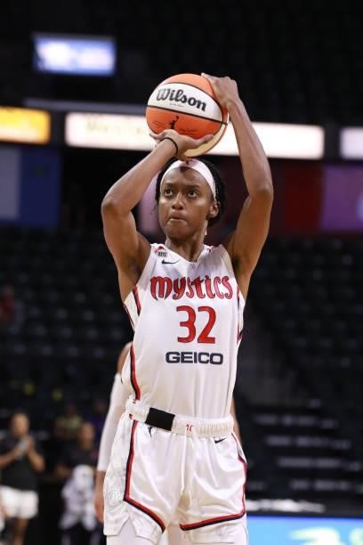 Shatori Walker-Kimbrough of the Washington Mystics shoots the ball against the Seattle Storm on September 7, 2021 at the Angel of the Winds Arena, in...