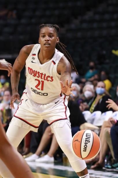 Shavonte Zellous of the Washington Mystics passes the ball against the Seattle Storm on September 7, 2021 at the Angel of the Winds Arena, in...