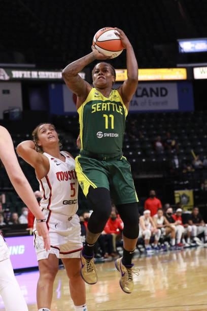 Epiphanny Prince of the Seattle Storm shoots the ball against the Washington Mystics on September 7, 2021 at the Angel of the Winds Arena, in...