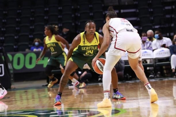 Jewell Loyd of the Seattle Storm plays defense against the Washington Mystics on September 7, 2021 at the Angel of the Winds Arena, in Everett,...