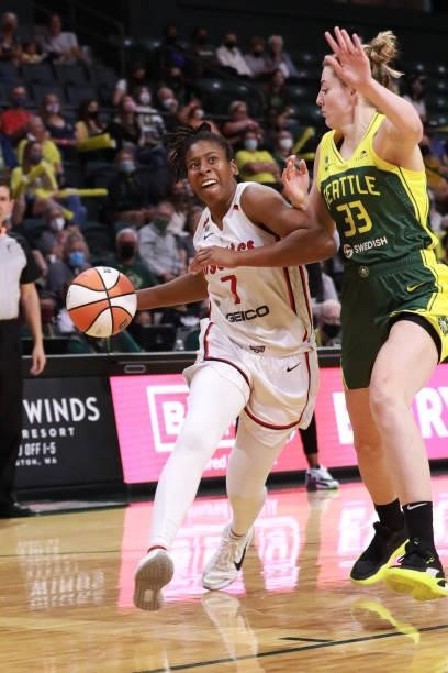 Ariel Atkins of the Washington Mystics drives to the basket against the Seattle Storm on September 7, 2021 at the Angel of the Winds Arena, in...