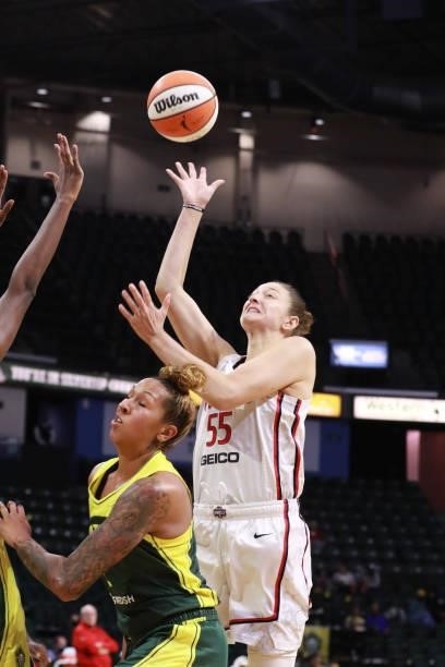 Theresa Plaisance of the Washington Mystics shoots the ball against the Seattle Storm on September 7, 2021 at the Angel of the Winds Arena, in...