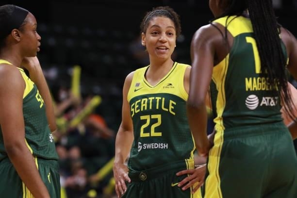Cierra Burdick of the Seattle Storm smiles during the game against the Washington Mystics on September 7, 2021 at the Angel of the Winds Arena, in...