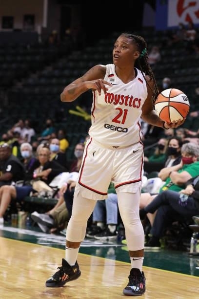 Shavonte Zellous of the Washington Mystics looks to pass the ball against the Seattle Storm on September 7, 2021 at the Angel of the Winds Arena, in...