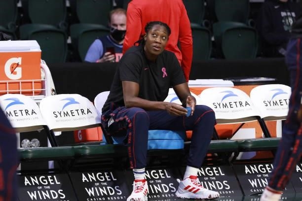 Tina Charles of the Washington Mystics looks on during the game against the Seattle Storm on September 7, 2021 at the Angel of the Winds Arena, in...