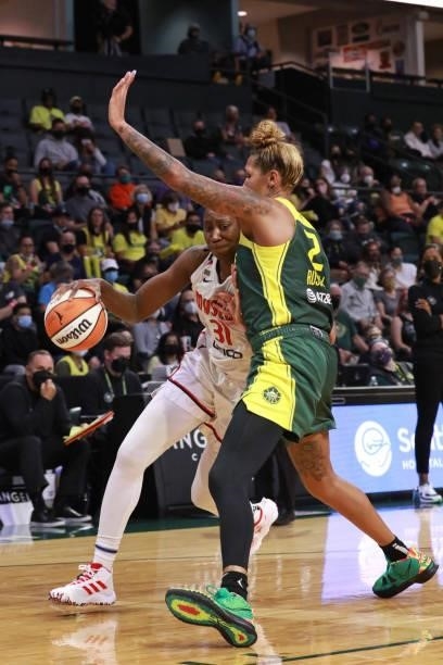 Tina Charles of the Washington Mystics drives to the basket against the Seattle Storm on September 7, 2021 at the Angel of the Winds Arena, in...
