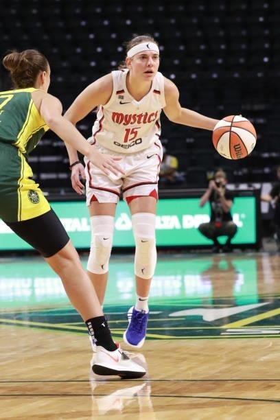Sydney Wiese of the Washington Mystics handles the ball against the Seattle Storm on September 7, 2021 at the Angel of the Winds Arena, in Everett,...